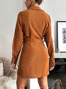 SHEIN Cottnline Solid Button Front Belted Shirt Dress - Brown - View 4