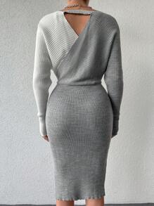 EURMUSE Women's Color Block V-neck Slim Fit Sweater Dress - Grey - View 2