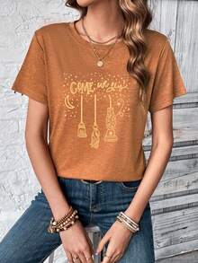 SHEIN EZwear 月亮&字母圖案T恤 - 棕色 - 查看 3