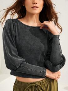 SHEIN Unity Ladies' Leg-of-mutton Sleeve Crop Top - Black - View 4