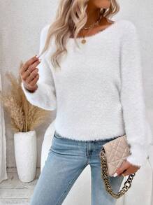 SHEIN LUNE Solid Batwing Sleeve Fuzzy Sweater - White - View 6