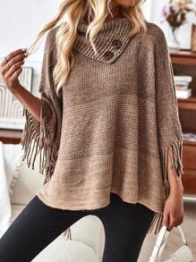 EMERY ROSE Button Detail Fringe Trim Batwing Sleeve Cowl Neck Poncho Sweater - Khaki - View 1