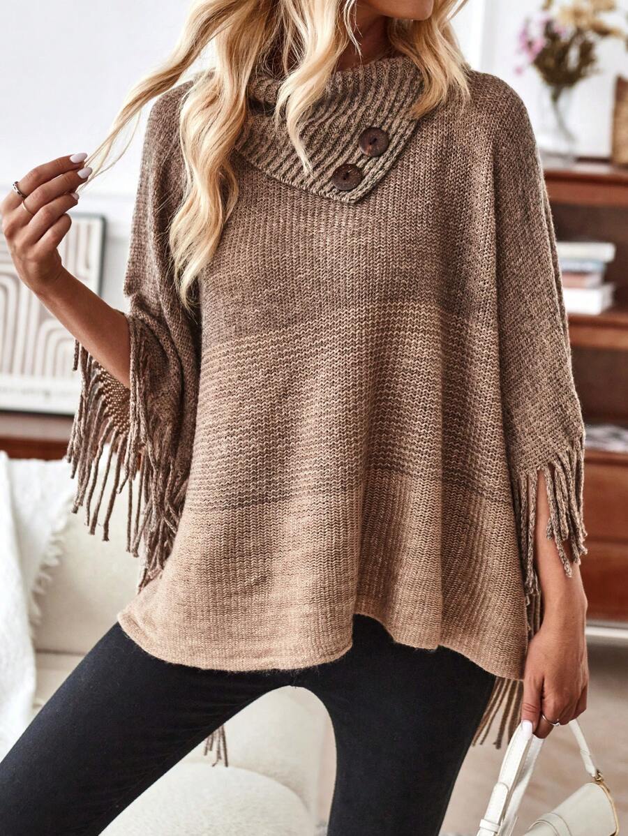 EMERY ROSE Button Detail Fringe Trim Batwing Sleeve Cowl Neck Poncho Sweater - Khaki - View 1