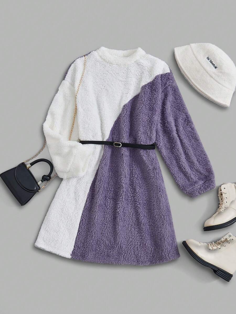 SHEIN Tween Girl Two Tone Flannel Dress Without Belt - Mauve Purple - View 1