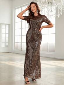 SHEIN Belle Vestido de vestir de malla en contraste con lentejuelas bajo sirena