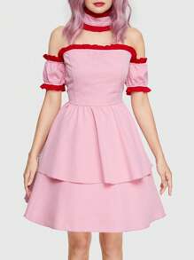 ROMWE Kawaii Off Shoulder Ruffle Hem Costume Dress - Pink - View 2