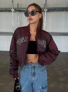 Dazy Star 字母圖形褶皺袖飛行員外套 - 紫色 - 查看 3