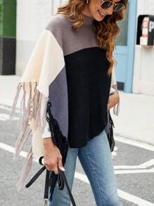 Chiquease Color Block Fringe Trim Batwing Sleeve Mock Neck Poncho Knit Pullover Fall Winter Sweater - Multicolor - View 4