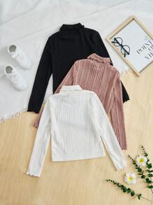 SHEIN Chica preadolescente 3 piezas Camiseta de cuello tortuga ribete en forma de lechuga tejido de canalé