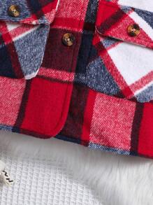 SHEIN Young Girl Plaid Print Borg Collar Flap Pocket Bow Front Overcoat - Multicolor - View 5