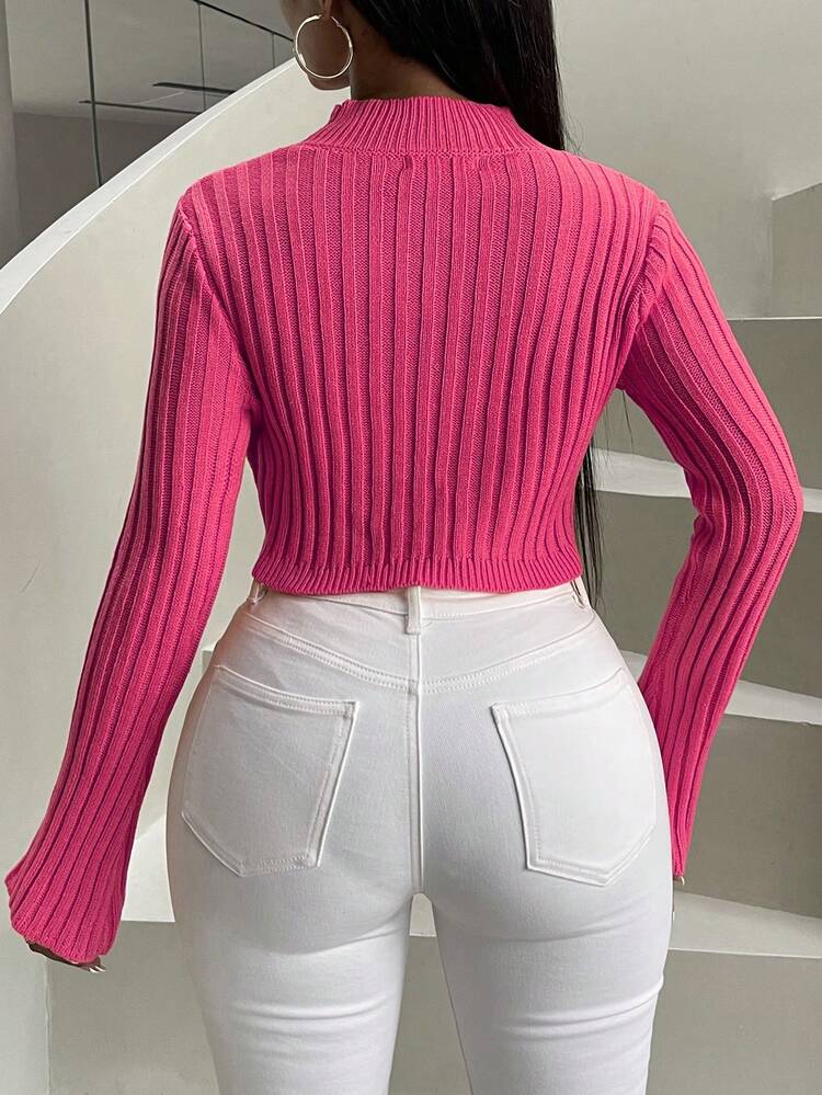 Mock Neck Asymmetrical Hem Crop Knit Pullover Fall Winter Sweater