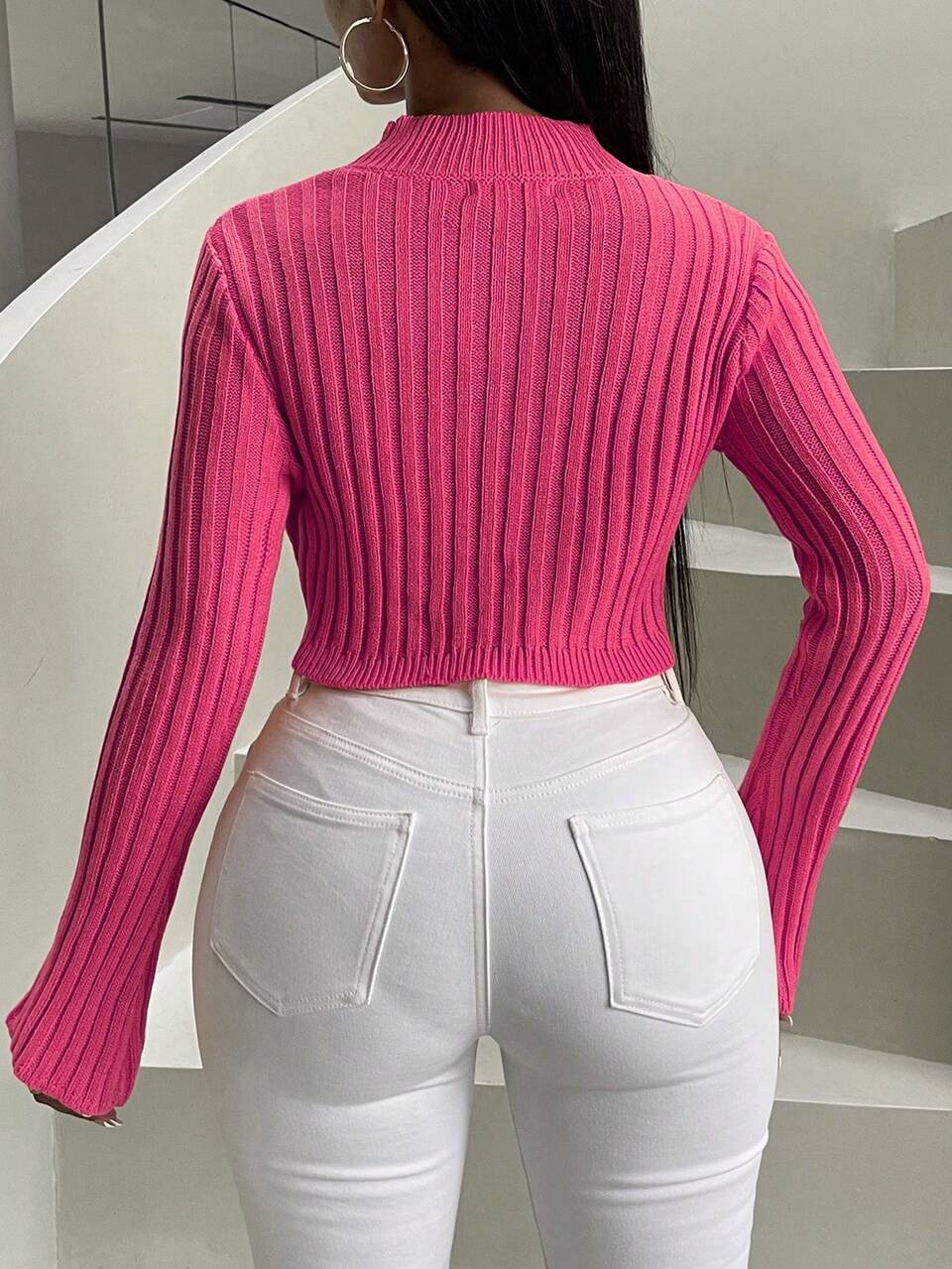 Mock Neck Asymmetrical Hem Crop Knit Pullover Fall Winter Sweater