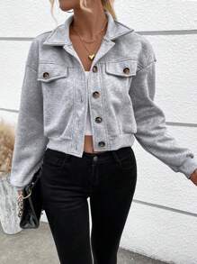 SHEIN Essnce Chi tiết về Flap Thả vai Áo len crop - Màu xám đen - Xem 4