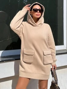 EURMUSE 翻蓋口袋落肩袖連帽洋裝