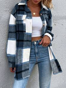 SHEIN LUNE In kẻ sọc Thả vai Túi có nắp Áo khoác - Màu xanh lam - Xem 3