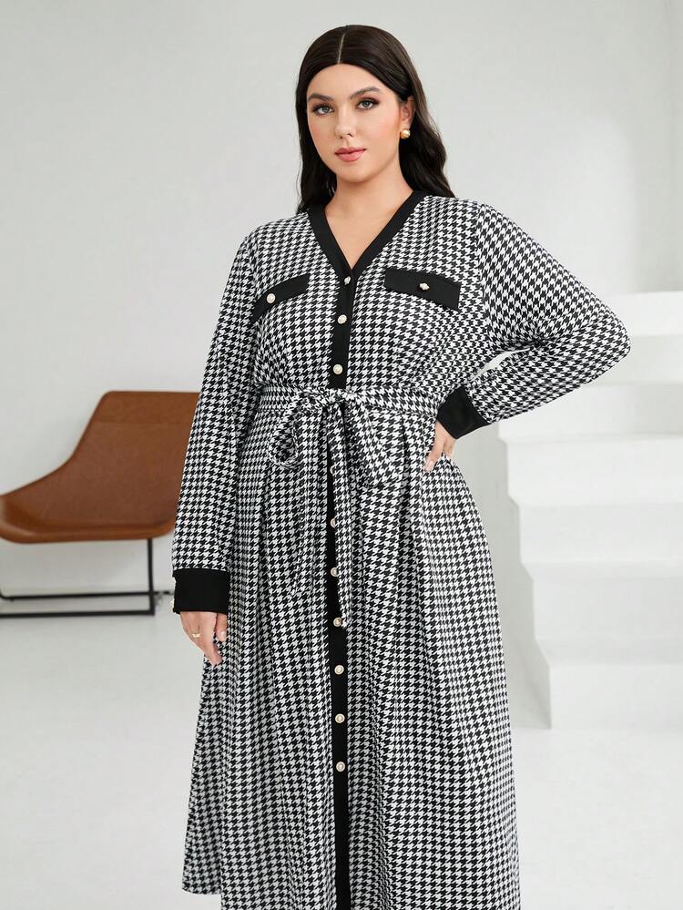 Plus Size Houndstooth Color Block Button Front Dress With Rolled Edges