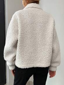 EURMUSE Women's Teddy Fleece Regular Jacket With Pockets And Front Button - White - View 2