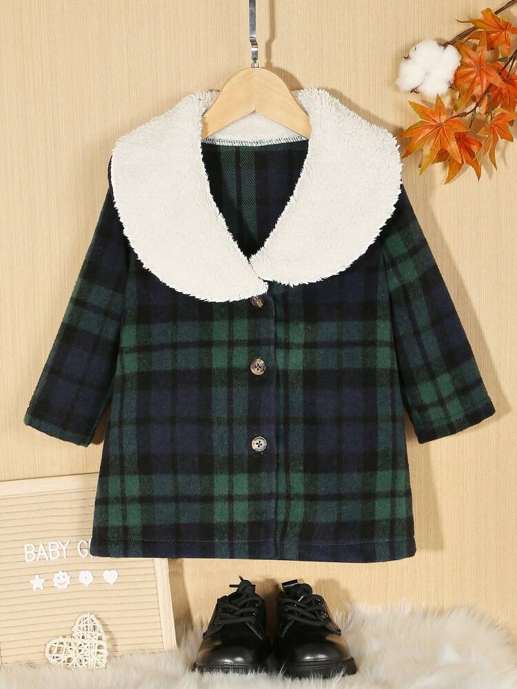 Baby Girl Plaid Print Borg Collar Coat
