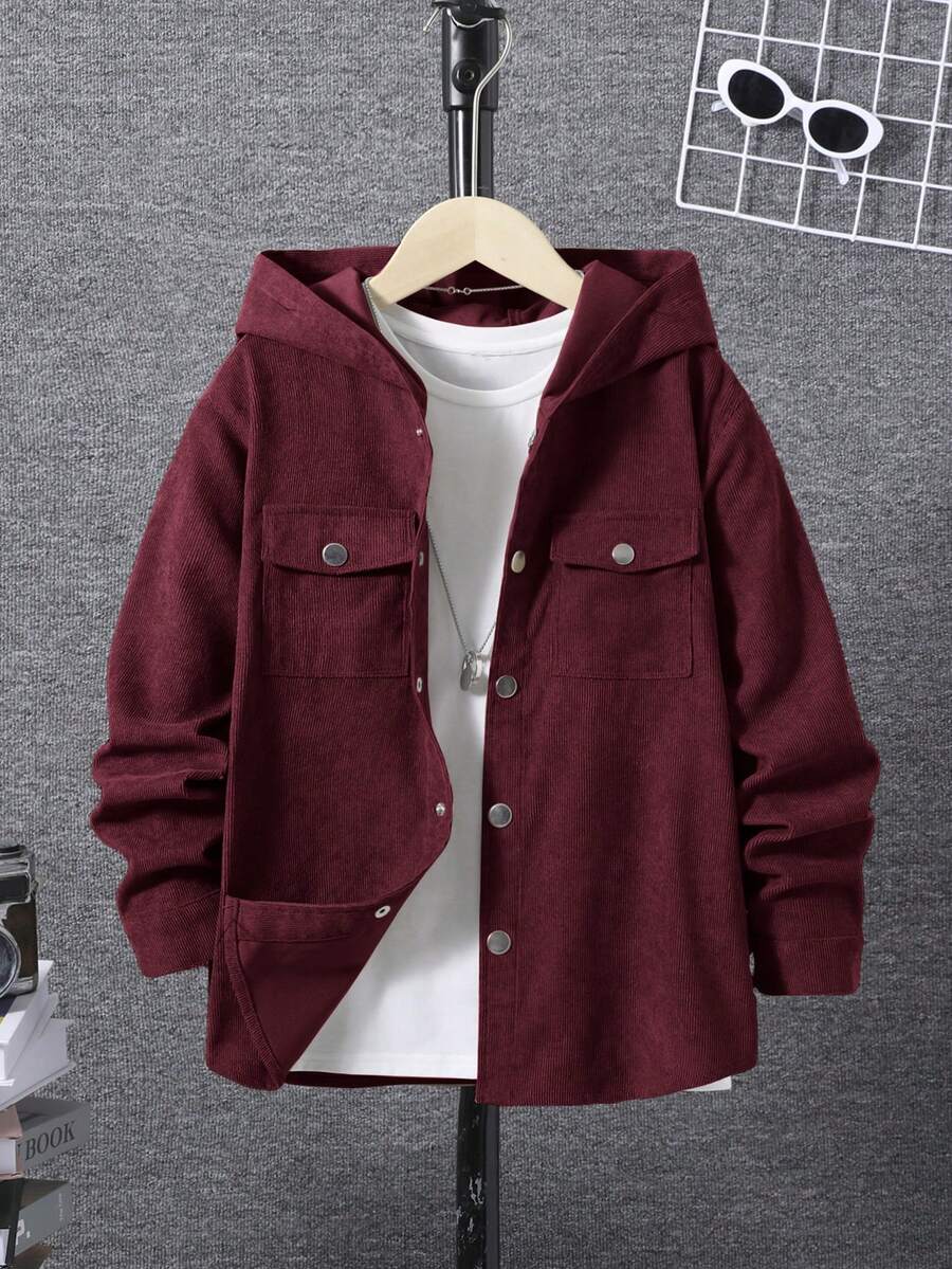 SHEIN Cậu bé Tween Túi có nắp áo có mũ Áo sơ mi Without Tee - Đỏ - Xem 1