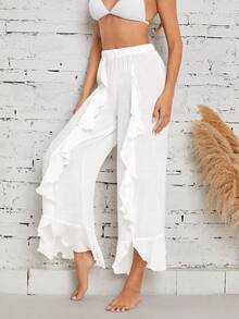 Ruffle Trim Cover Up Pants - White - View 4