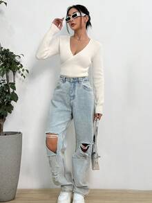 SHEIN Essnce Body Jersey unicolor con diseño cruzado tejido de canalé - Blanco - Ver 4