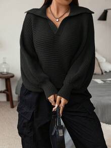 Flirla Hơn Chất rắn tay cánh Áo len - màu đen - Xem 5