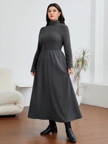 Mulvari Plus Solid High Neck A-line Dress