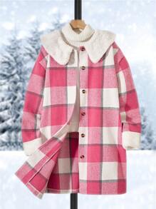 青少年女孩1入組格紋印花羊絨領口外套 - 玫紅色 - 查看 1