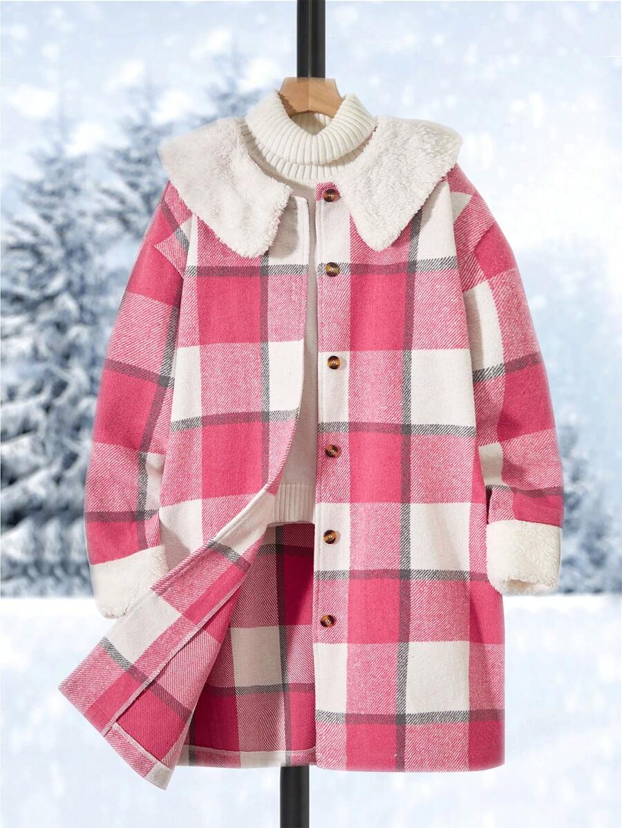青少年女孩1入組格紋印花羊絨領口外套 - 玫紅色 - 查看 1