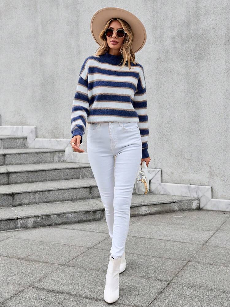 Striped Pattern Mock Neck Drop Shoulder Sweater