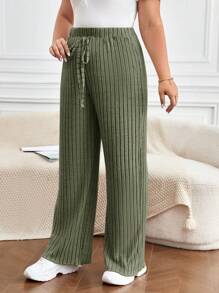 SHEIN Frenchy Hơn Dây thắt lưng Đồ đan Ribbed Quần - xanh quân đội - Xem 5