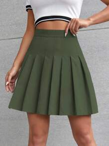 SHEIN Qutie Chất rắn Chân Váy xếp ly - xanh quân đội - Xem 5