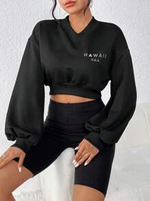 SHEIN Essnce Letter Embroidery Drop Shoulder Crop Sweatshirt - Black - View 6