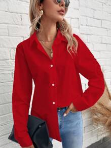 RueChic Chất rắn Nút phía trước Áo sơ mi - Đỏ - Xem 1