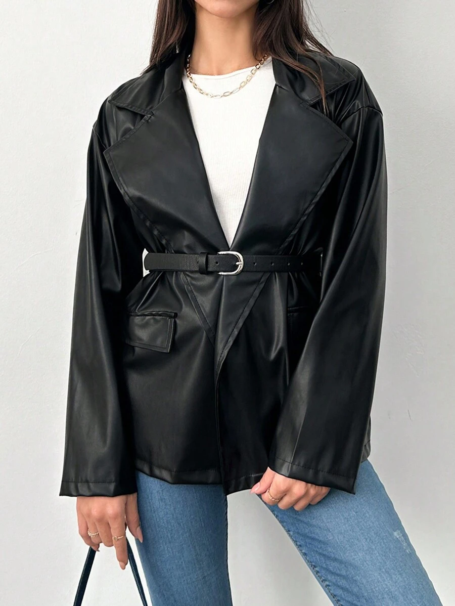 SHEIN Cottnline Lapel Neck Belted Blazer - Black - View 1