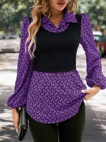 SHEIN LUNE Geo Print Lantern Sleeve 2 In 1 Top - Purple - View 4