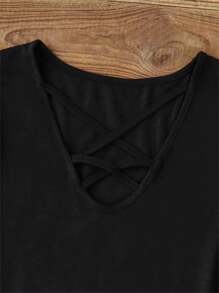SHEIN LUNE Solid Criss Cross Tee - Black - View 4