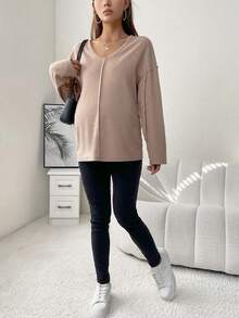 SHEIN Maternity Drop Shoulder Tee - Khaki - View 3