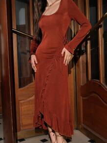 Zolique 女式性感圓領荷葉邊下擺連身裙 - 亮橙色 - 查看 3