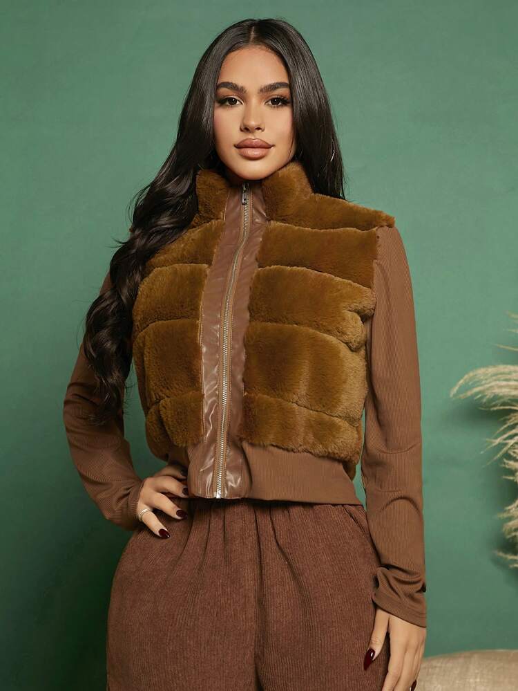 Zip Up Contrast Panel Fuzzy Vest Coat