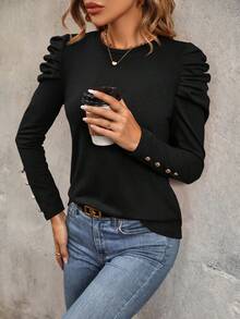 SHEIN Clasi Chất rắn Tay áo Áo thun - màu đen - Xem 3