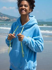 In My Nature Letter Embroidery Kangaroo Pocket Drawstring Outdoor Sweatshirt - Blue - View 3