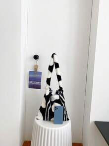 ROMWE Kawaii Women's Plush Heart & Striped Pattern Shoulder Bag - Black and White - View 2