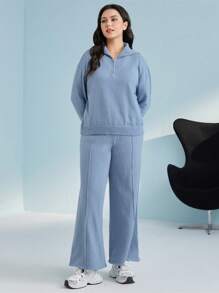 Mulvari Plus Half Zip Drop Shoulder Sweater & Knit Pants - Blue - View 2