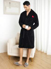 Hombres Bata homewear con bordado de corazón con doble bolsillo con cinturón teddy - Negro - Ver 6