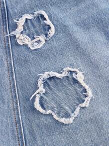 SHEIN MOD Floral Embroidery Raw Trim Denim Skirt - Light Wash - View 3