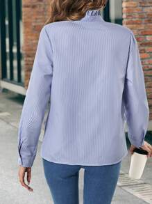 SHEIN LUNE 條紋印花荷葉邊前紐扣襯衫 - 彩色 - 查看 2