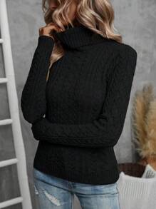 SHEIN LUNE 高領麻花編織套頭毛衣 - 黑色 - 查看 1