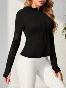 Easithlete Contrast Mesh Thumbholes Zip Up Sports Jacket - Black - View 1