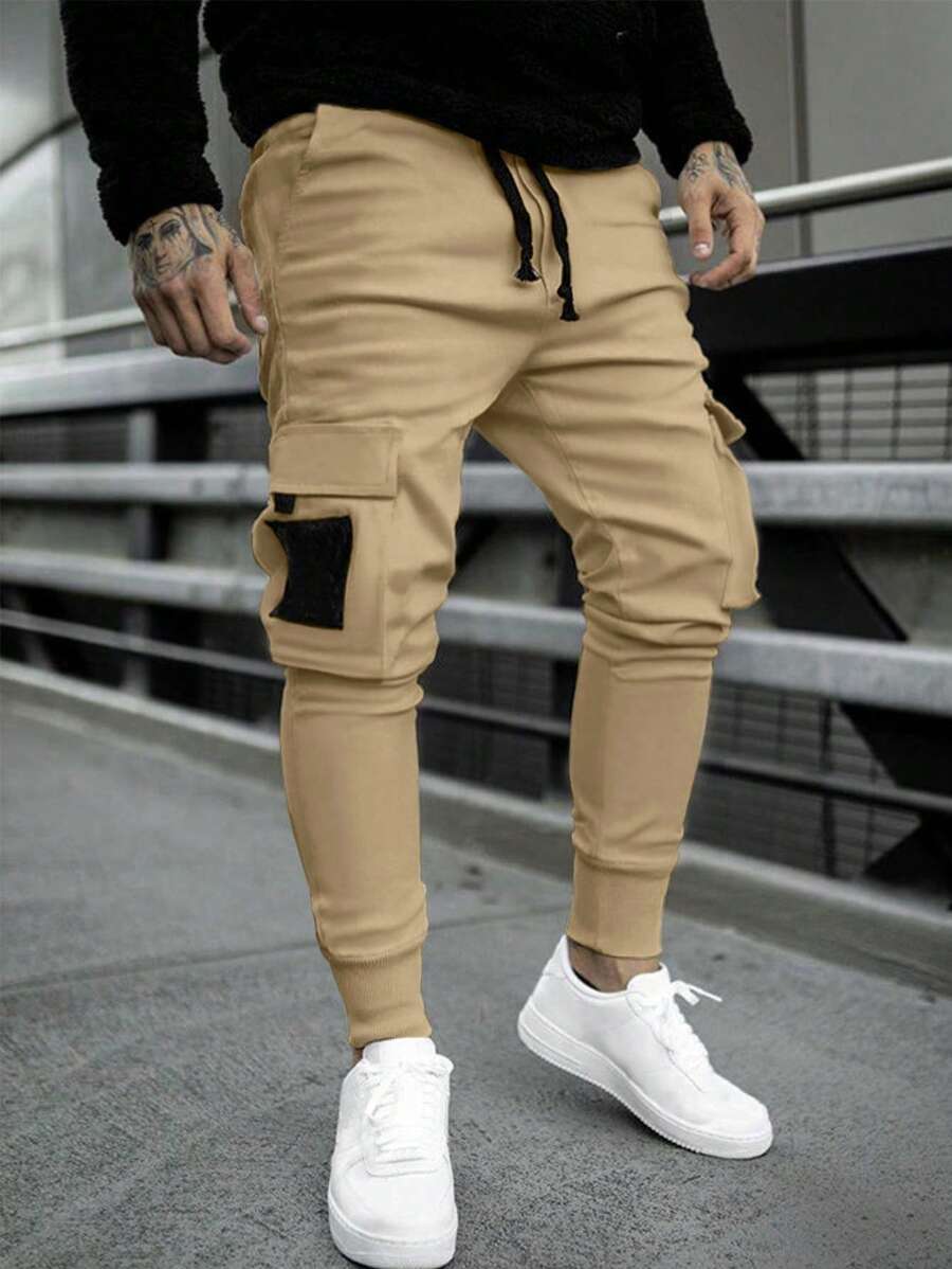Manfinity Homme Men's Loose Fit Flap Pockets Drawstrings Cargo Pants, Long Color Block Pants, For Husband, Boyfriend Gifts - Khaki - View 1
